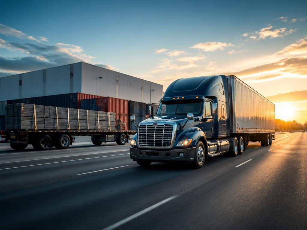 Flatbed and dry van freight trucks on a highway at sunset