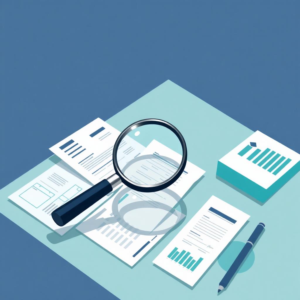 Magnifying glass reviewing invoices and financial documents